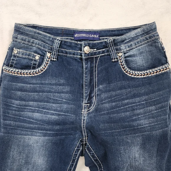 WESTFIELD EAGLE Womens Mid Rise Boot Cut Jeans Western Embroidered Rhinestone 13 - Picture 5 of 14
